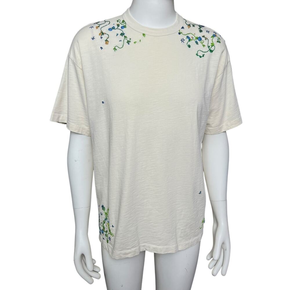 OFY Floral Embroidery Tee Size M 100% Cotton Short Sleeves Made in USA